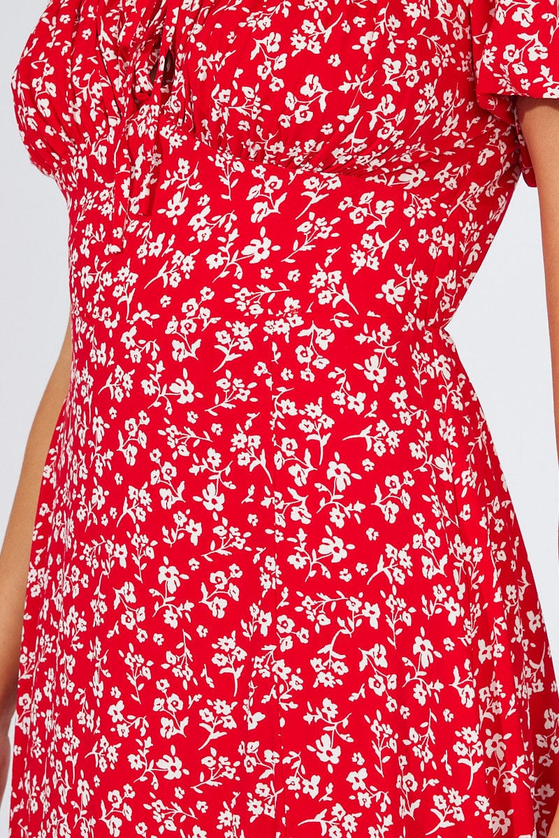 Red Ditsy Midi Dress Short Sleeve Ruched Bust for Ally Fashion