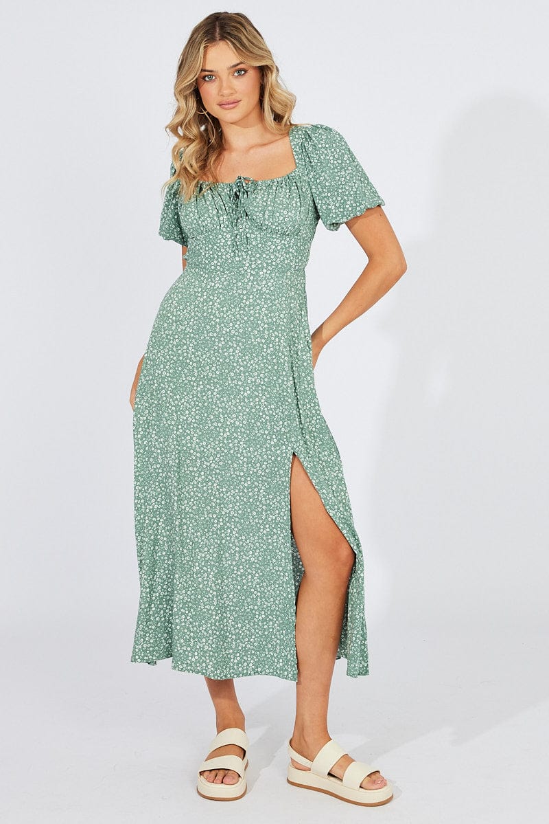 Green Floral Midi Dress Puff Sleeve Midi for Ally Fashion