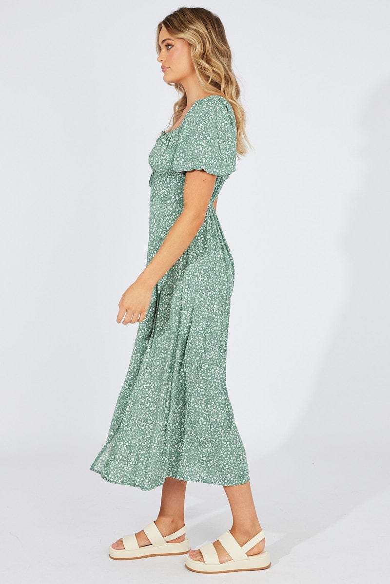 Green Floral Midi Dress Puff Sleeve Midi for Ally Fashion