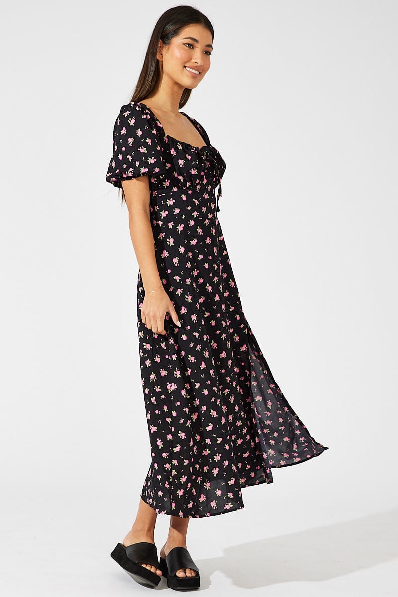 Black Floral Midi Dress Puff Sleeve Midi for Ally Fashion