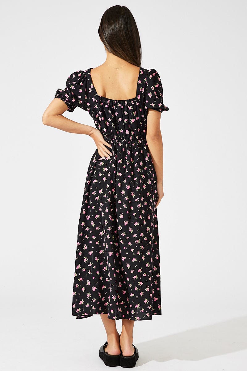 Black Floral Midi Dress Puff Sleeve Midi for Ally Fashion