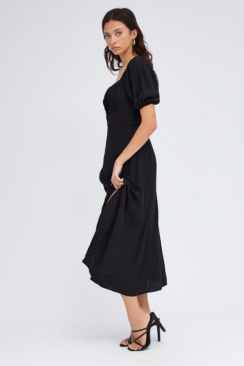 Black Midi Dress Short Sleeve Ruched Bust for Ally Fashion