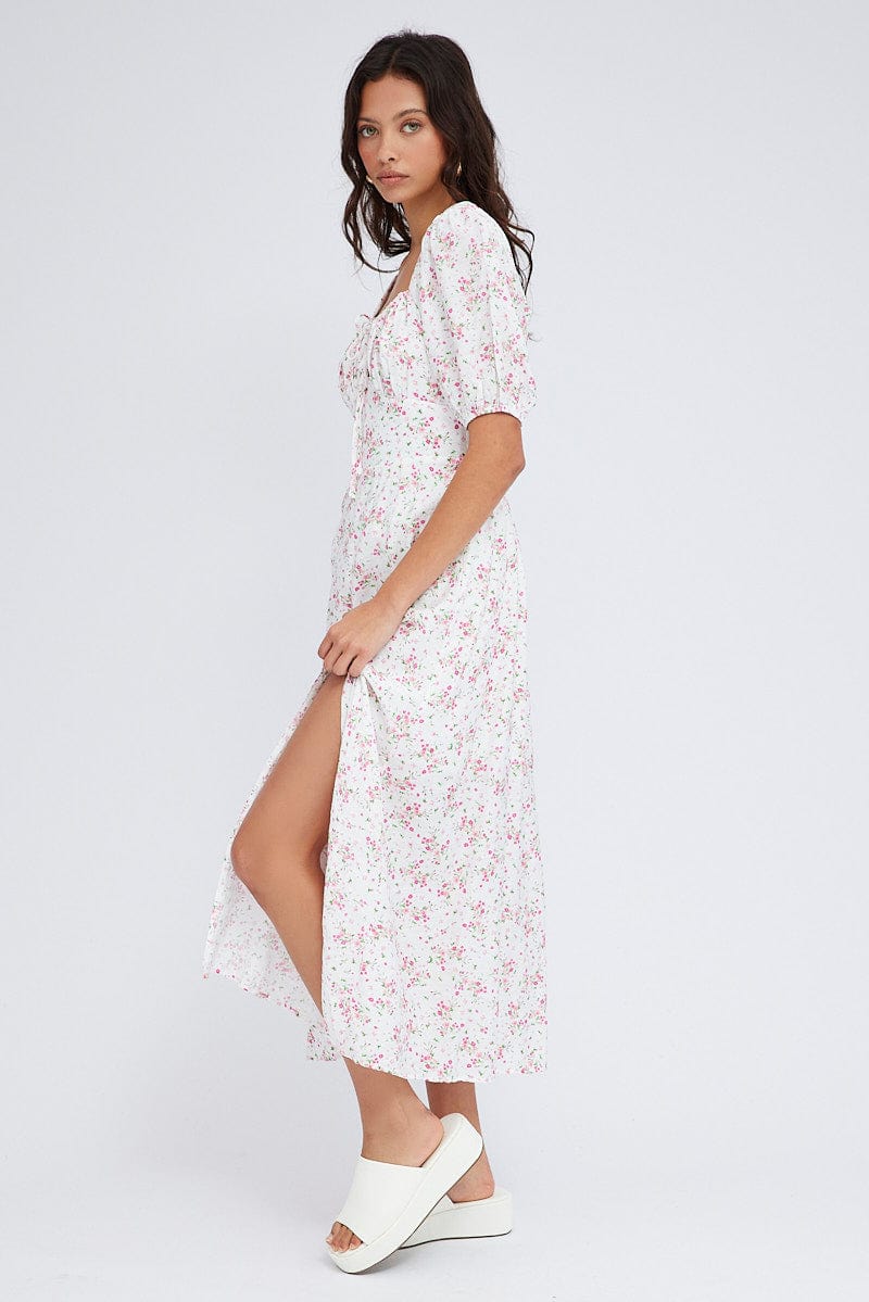 White Floral Midi Dress Short Sleeve Ruched bust for Ally Fashion
