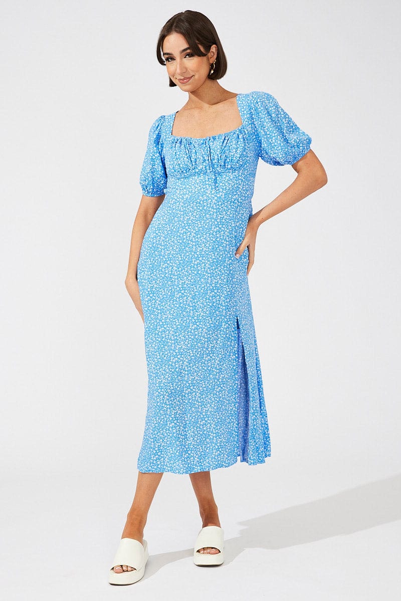 Blue Floral Midi Dress Puff Sleeve Midi for Ally Fashion