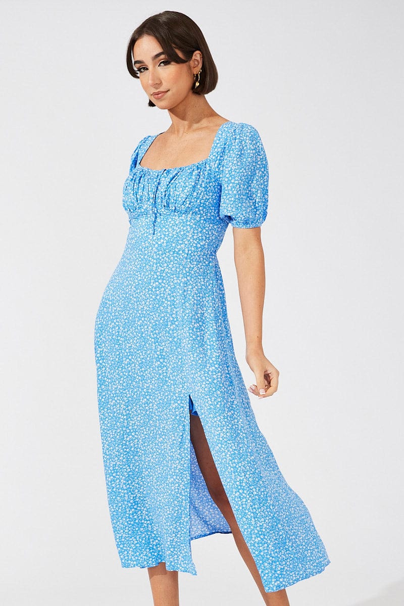 Blue Floral Midi Dress Puff Sleeve Midi for Ally Fashion