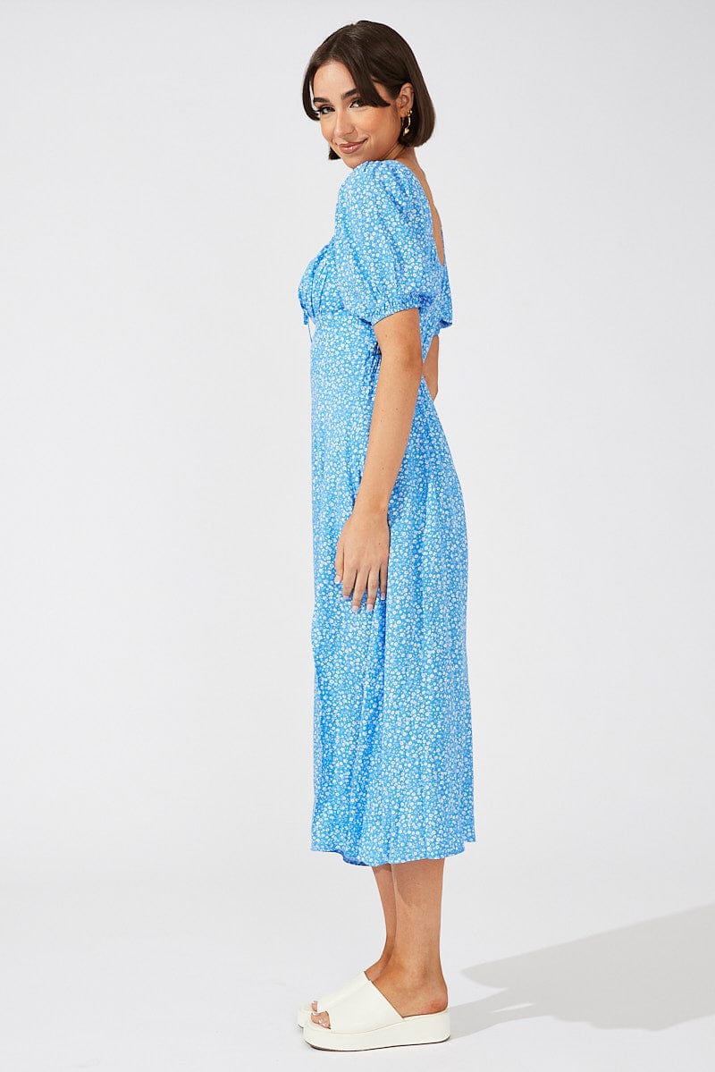 Blue Floral Midi Dress Puff Sleeve Midi for Ally Fashion