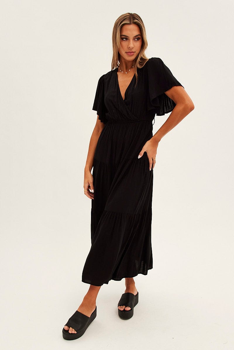 Black Maxi Dress Fluter Sleeve Tiered Hem | Ally Fashion