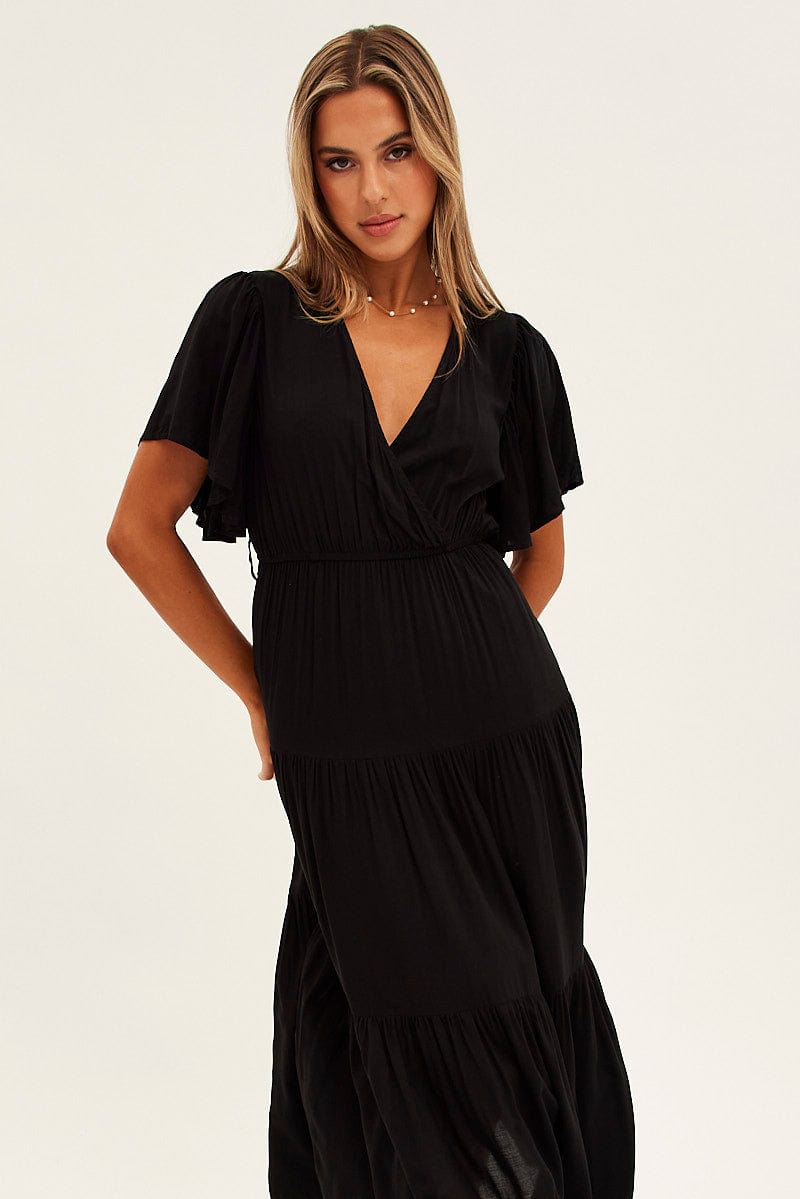 Black Maxi Dress Fluter Sleeve Tiered Hem for Ally Fashion