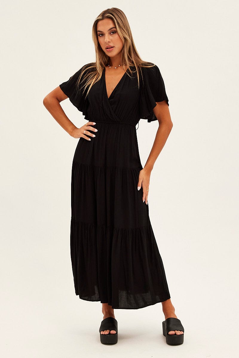 Black Maxi Dress Fluter Sleeve Tiered Hem | Ally Fashion