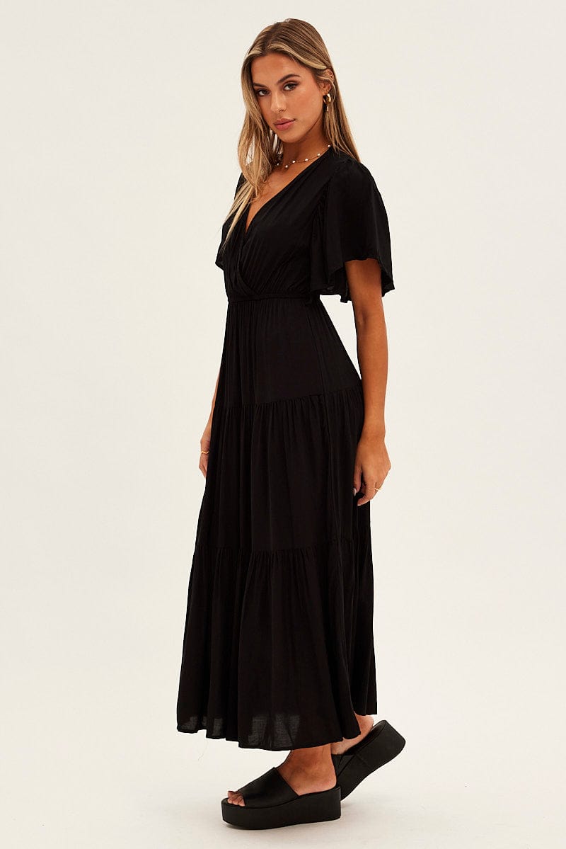 Black Maxi Dress Fluter Sleeve Tiered Hem for Ally Fashion