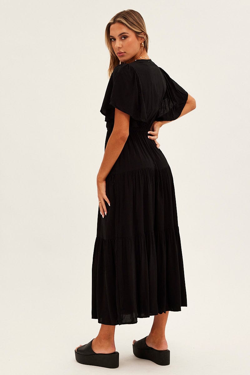 Black Maxi Dress Fluter Sleeve Tiered Hem for Ally Fashion