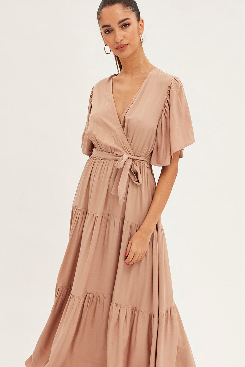 Beige Maxi Dress Short Sleeve Wrap Front Tiered for Ally Fashion