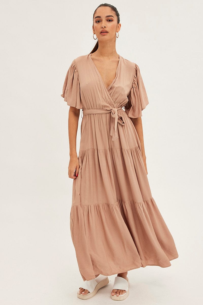 Beige Maxi Dress Short Sleeve Wrap Front Tiered for Ally Fashion
