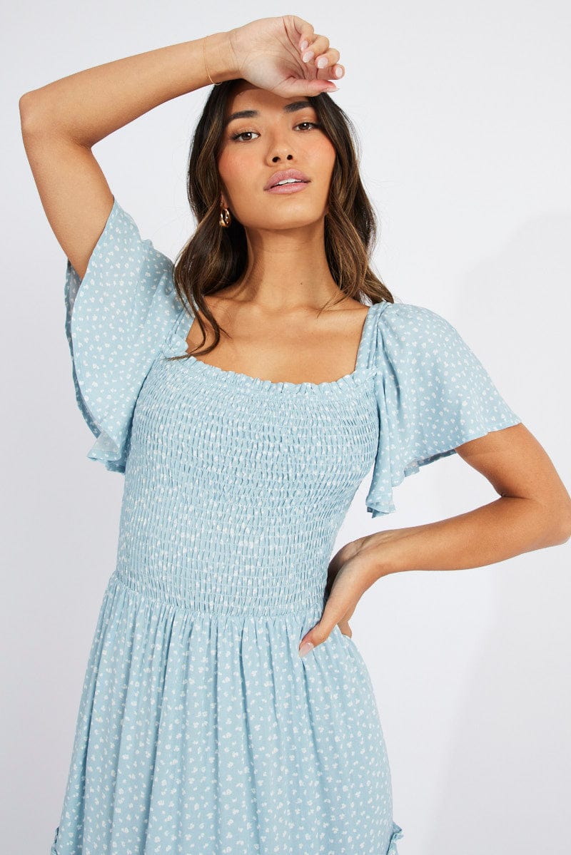 Blue Ditsy Maxi Dress Short Sleeve Shirred for Ally Fashion