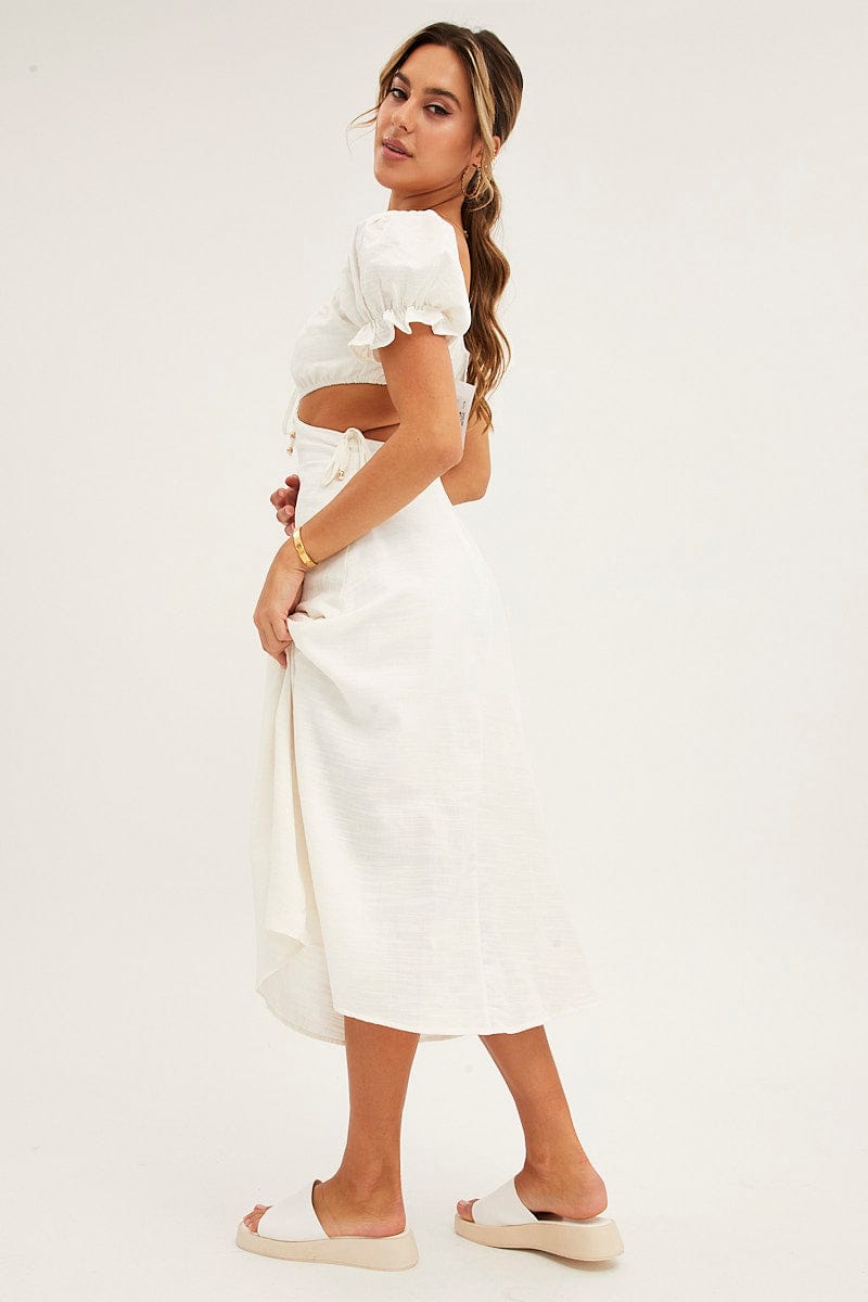 White Maxi Dress Puff Sleeve Cut Out for Ally Fashion