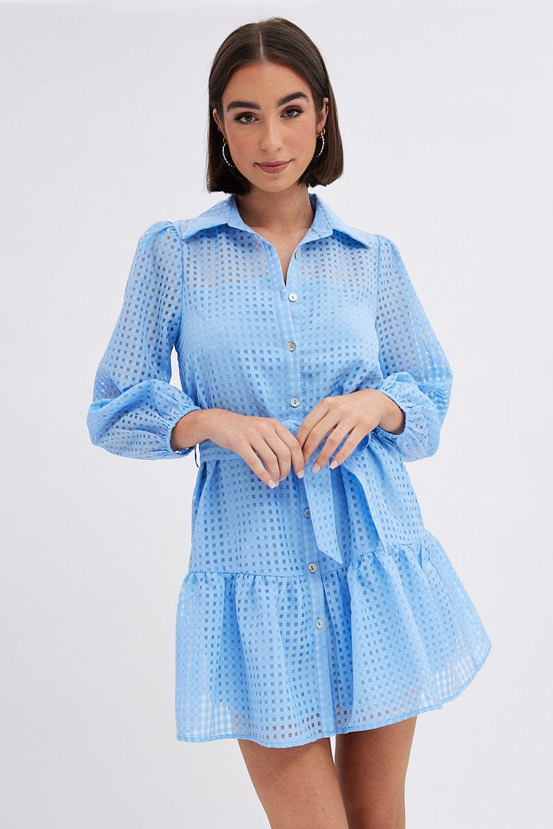 Blue Shirts Dress Mini Long Sleeve for Ally Fashion