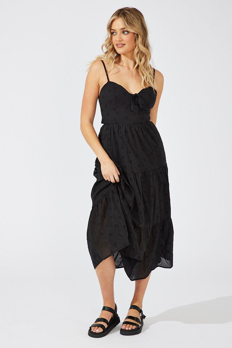 Black Midi Dress Sleeveless Eyelet for Ally Fashion