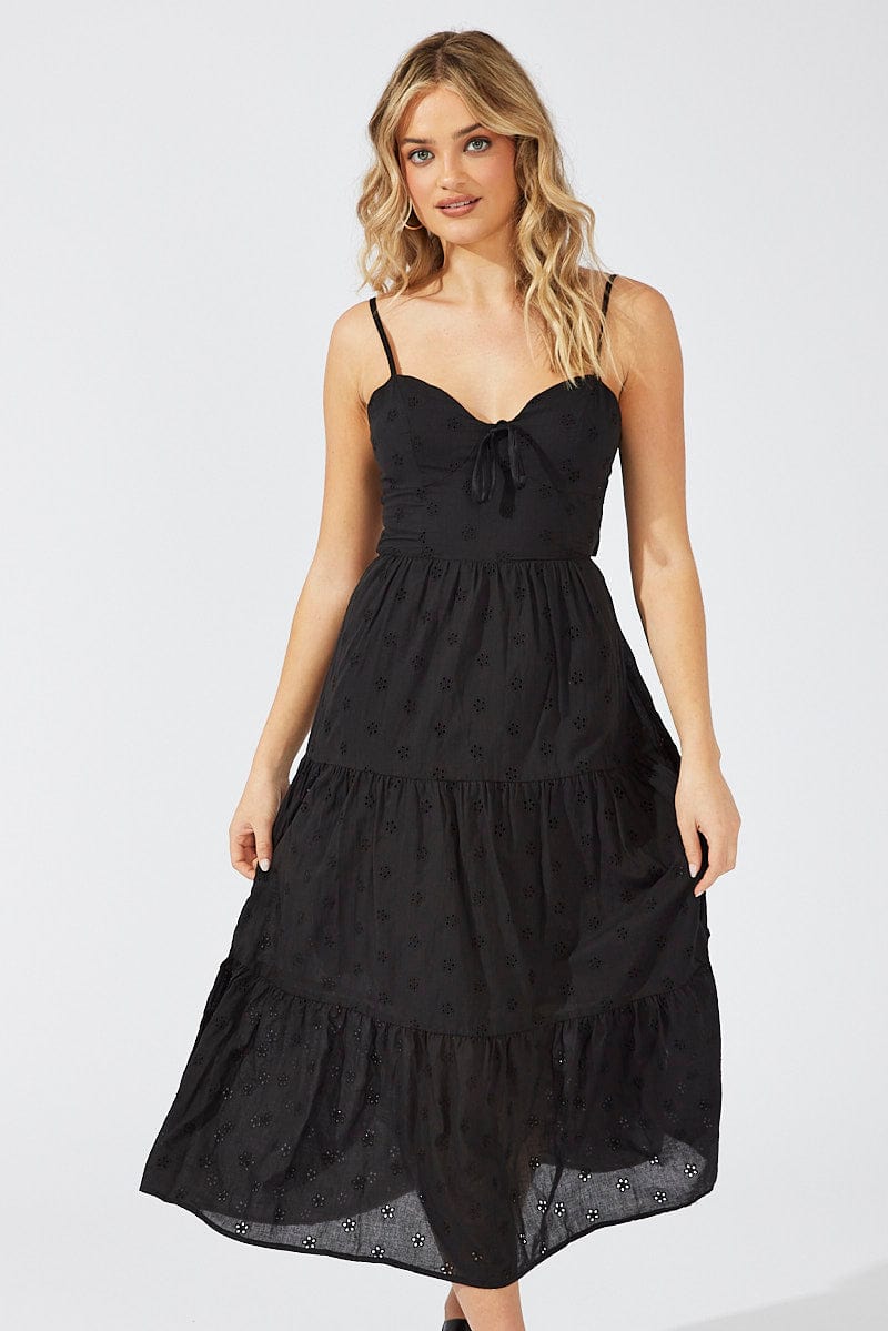 Black Midi Dress Sleeveless Eyelet for Ally Fashion