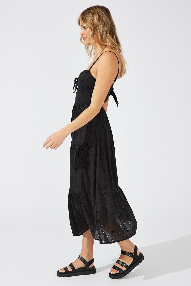 Black Midi Dress Sleeveless Eyelet for Ally Fashion