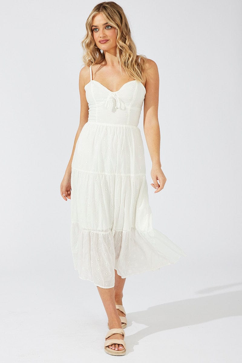 White Midi Dress Sleeveless Eyelet for Ally Fashion