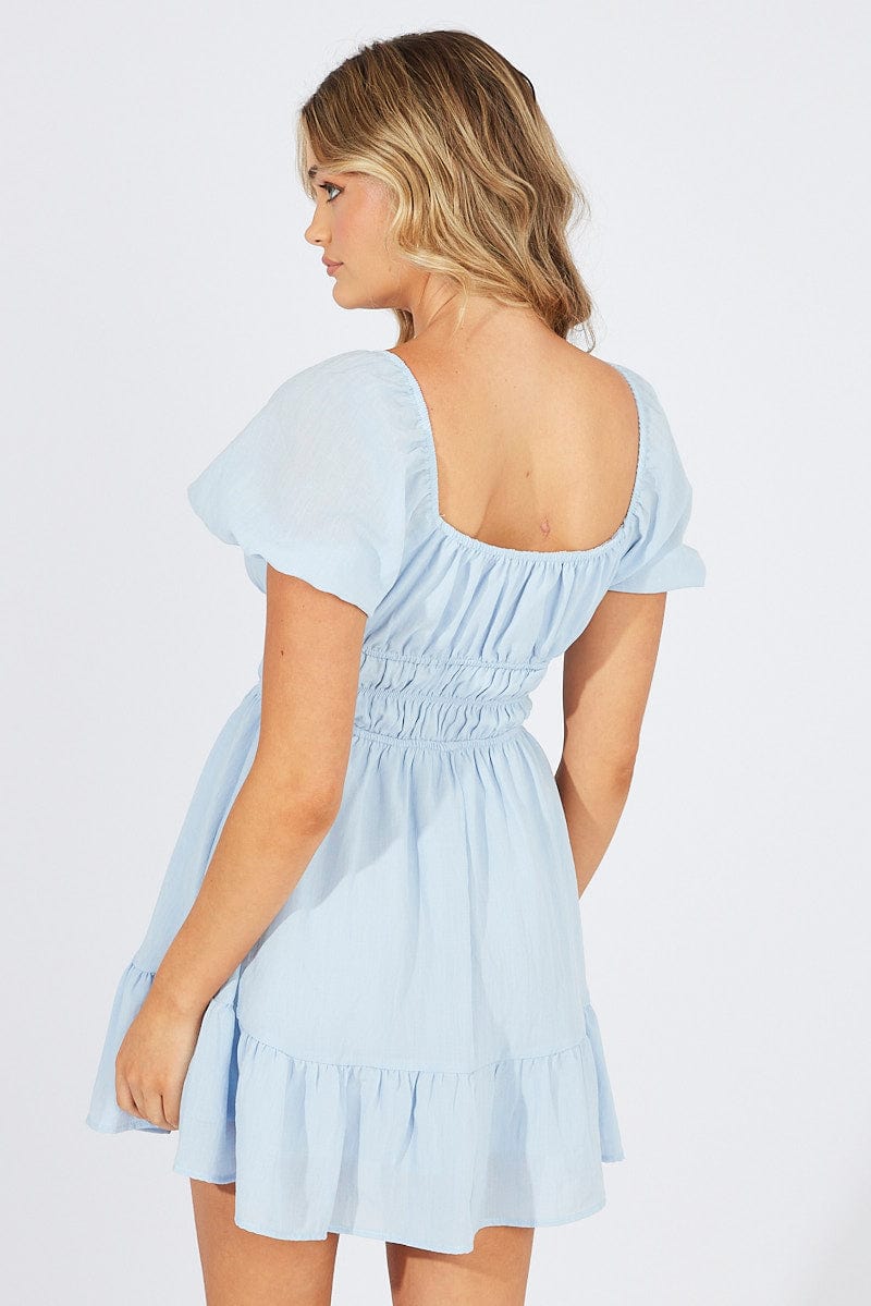 Blue Fit And Flare Dress Puff Sleeve Mini for Ally Fashion