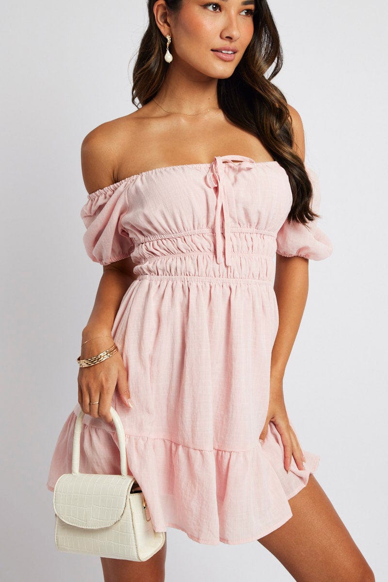 Pink Fit And Flare Dress Puff Sleeve Mini for Ally Fashion