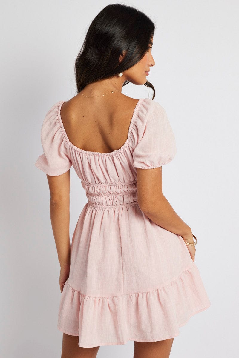 Pink Fit And Flare Dress Puff Sleeve Mini for Ally Fashion