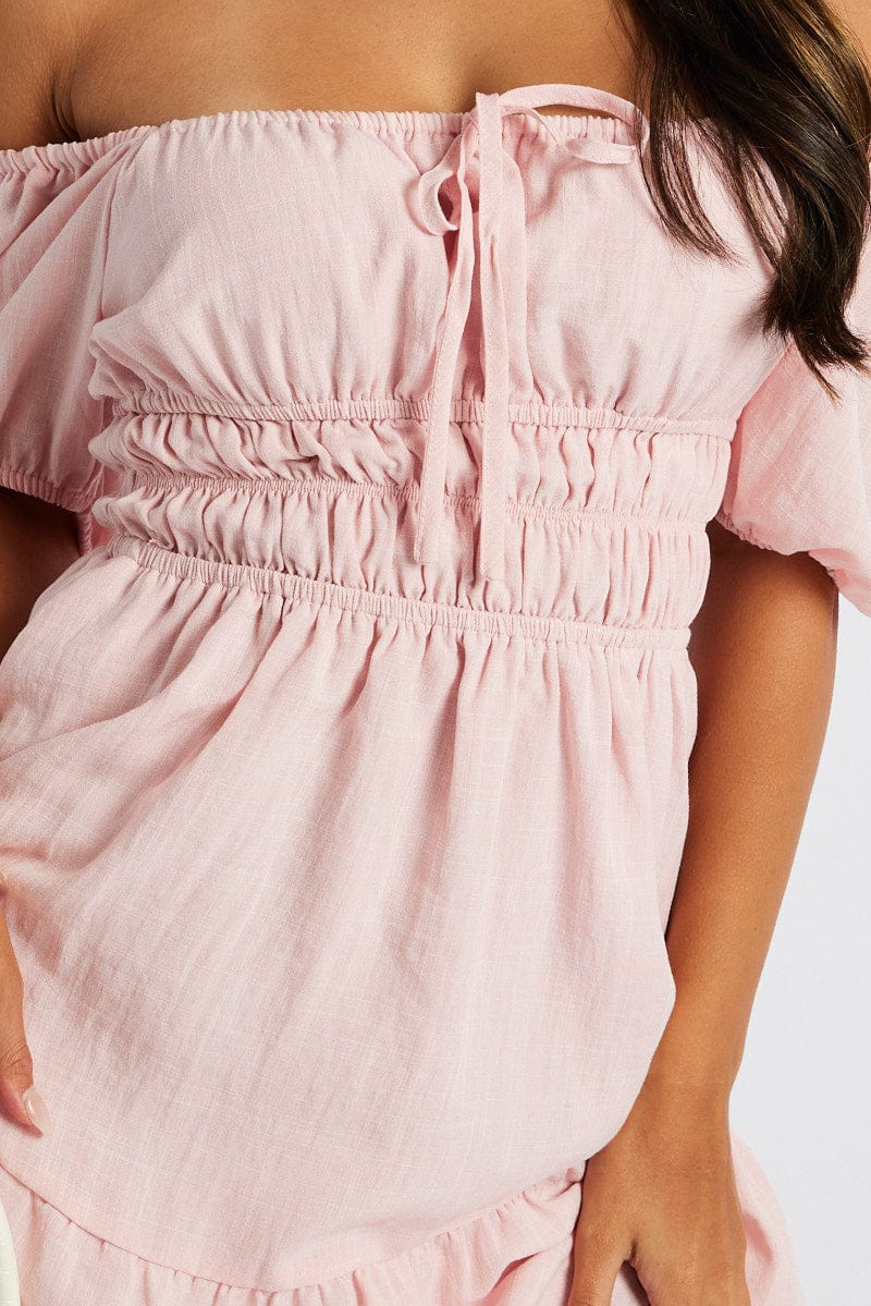 Pink Fit And Flare Dress Puff Sleeve Mini for Ally Fashion