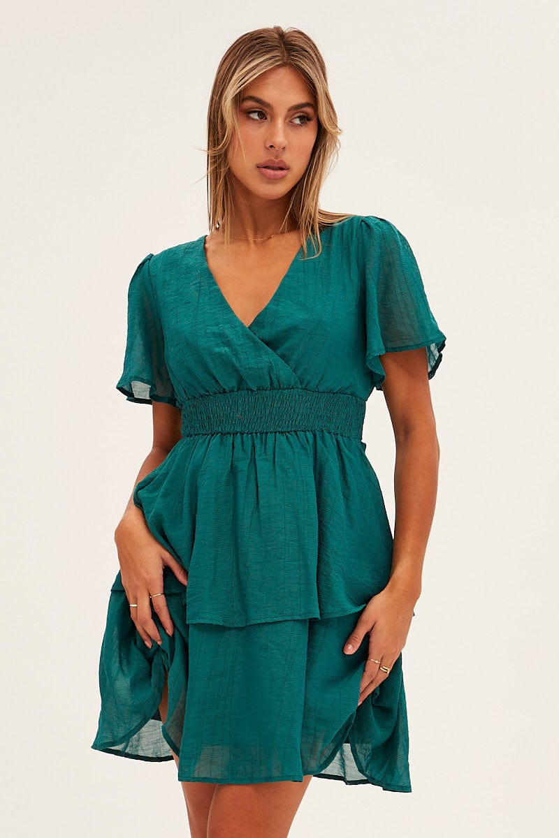 Blue Tiered Dress Flutter Sleeve Wrap Front Tiered Hem for Ally Fashion