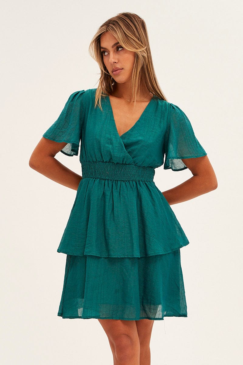 Blue Tiered Dress Flutter Sleeve Wrap Front Tiered Hem for Ally Fashion