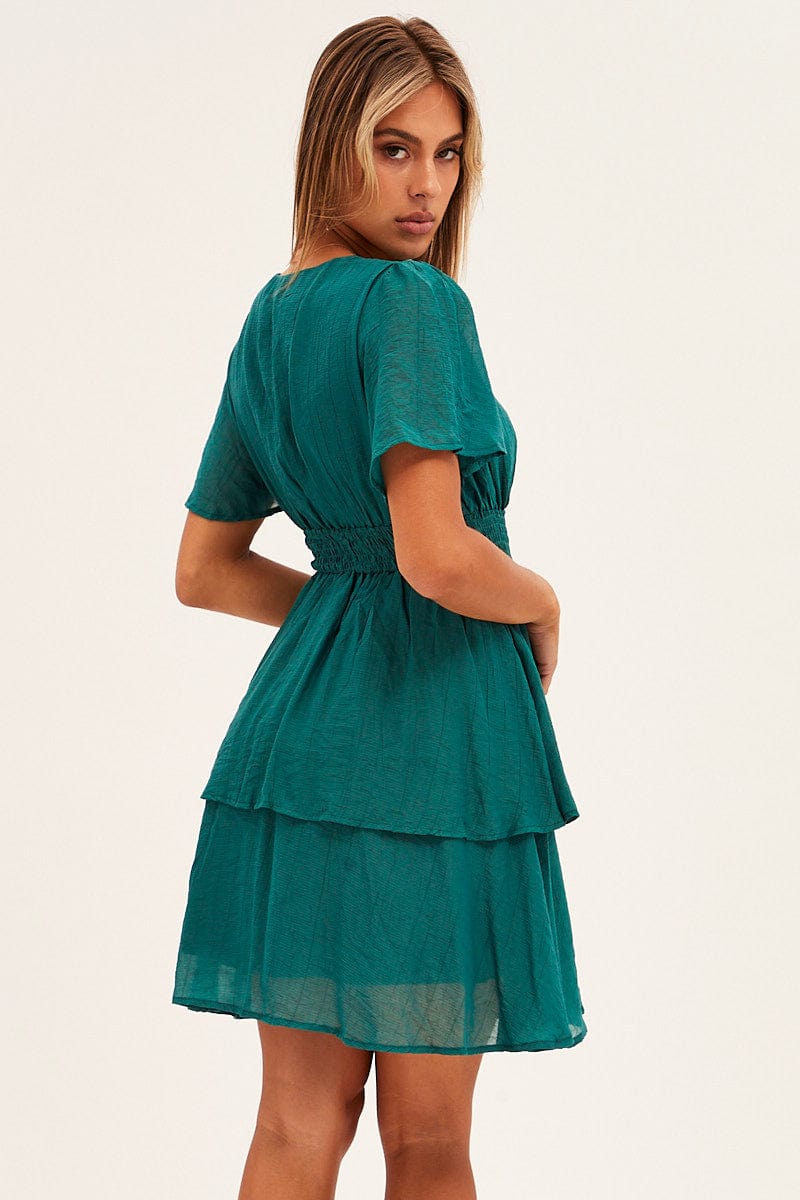 Blue Tiered Dress Flutter Sleeve Wrap Front Tiered Hem for Ally Fashion