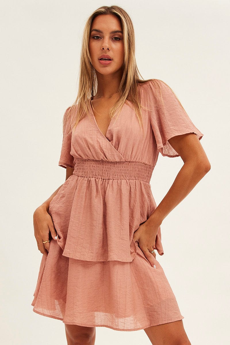 Pink Tiered Dress Flutter Sleeve Wrap Front Tiered Hem for Ally Fashion