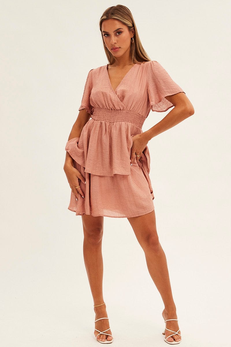 Pink Tiered Dress Flutter Sleeve Wrap Front Tiered Hem for Ally Fashion