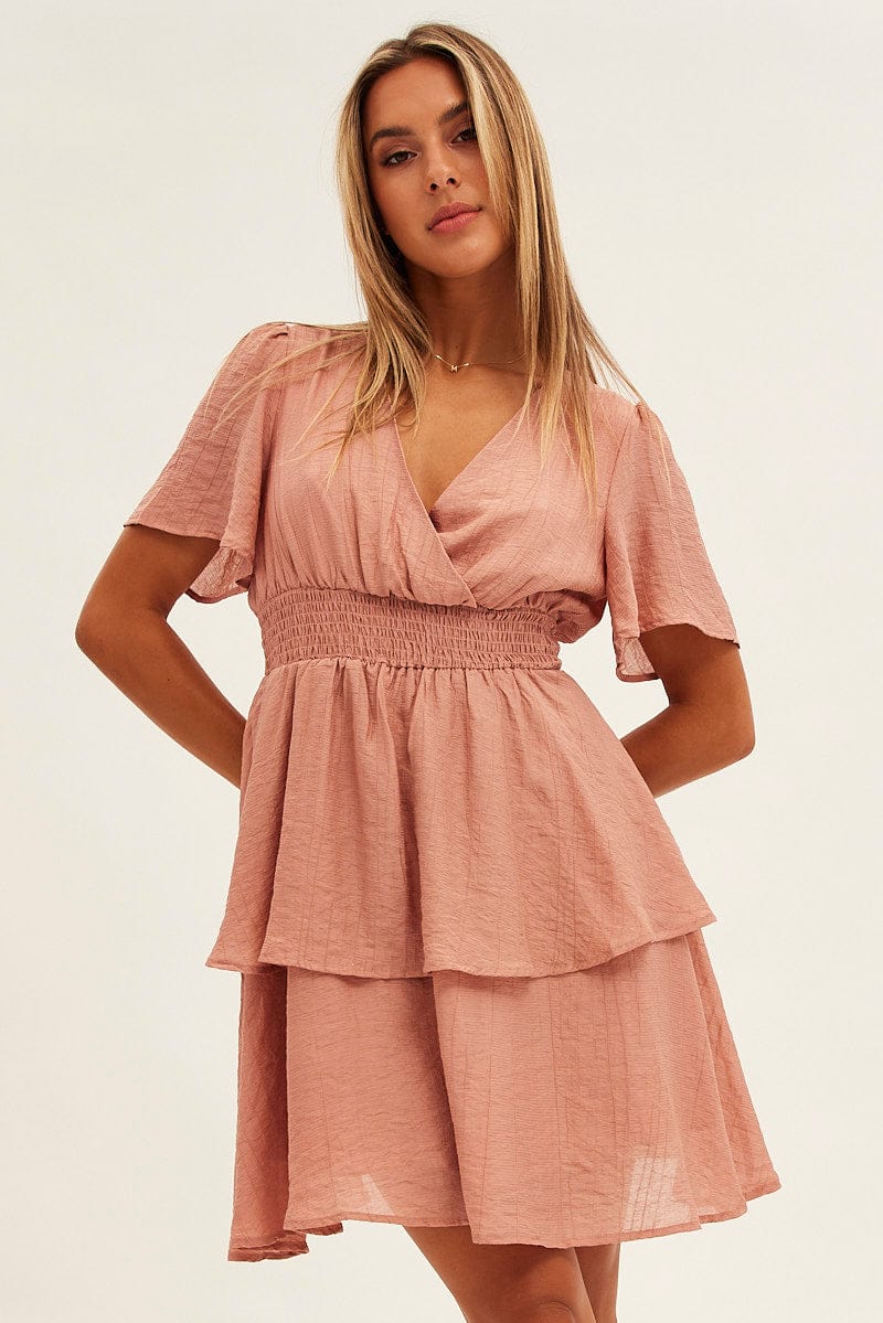 Pink Tiered Dress Flutter Sleeve Wrap Front Tiered Hem for Ally Fashion