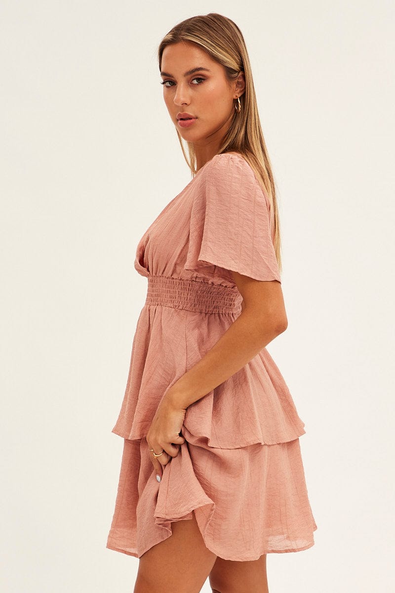 Pink Tiered Dress Flutter Sleeve Wrap Front Tiered Hem for Ally Fashion