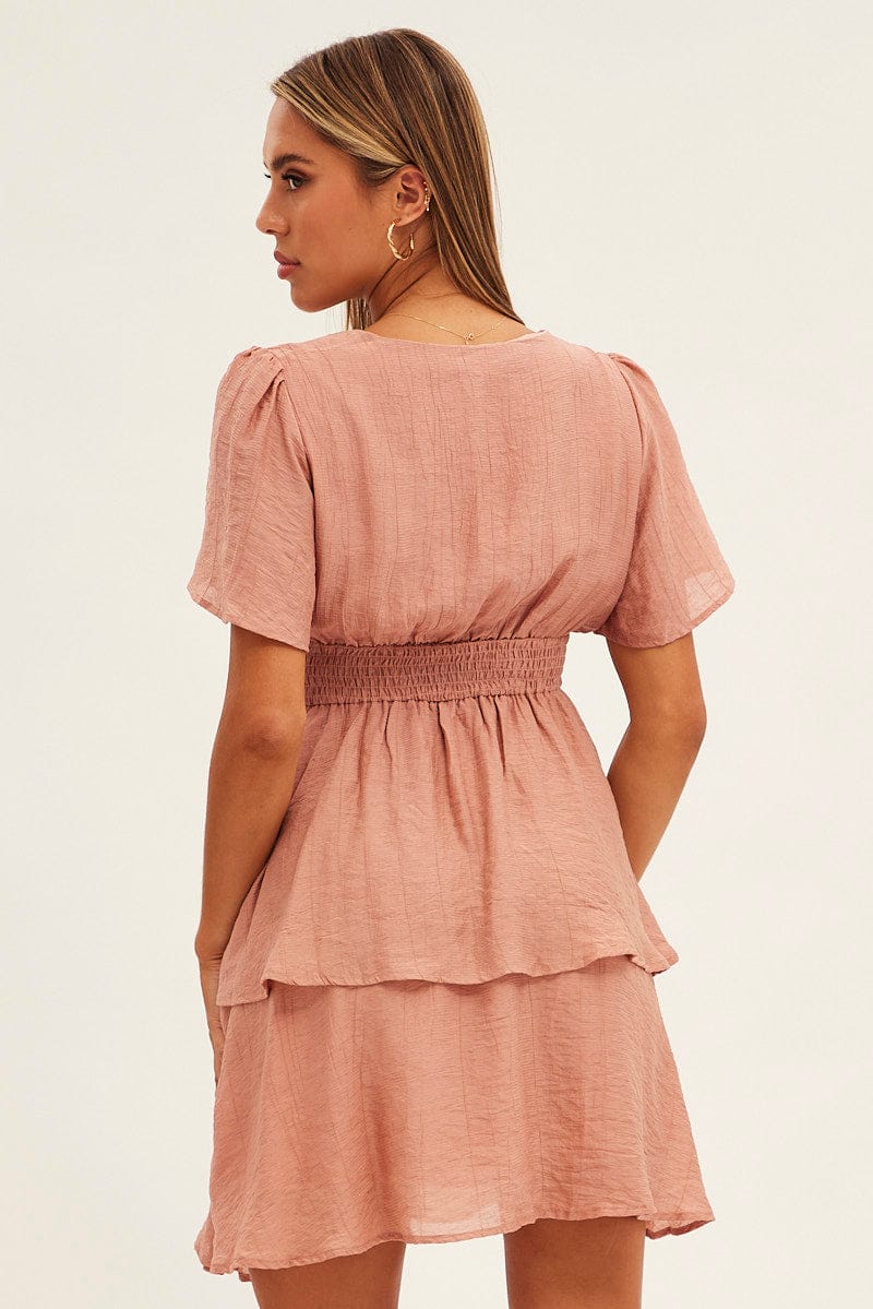 Pink Tiered Dress Flutter Sleeve Wrap Front Tiered Hem for Ally Fashion