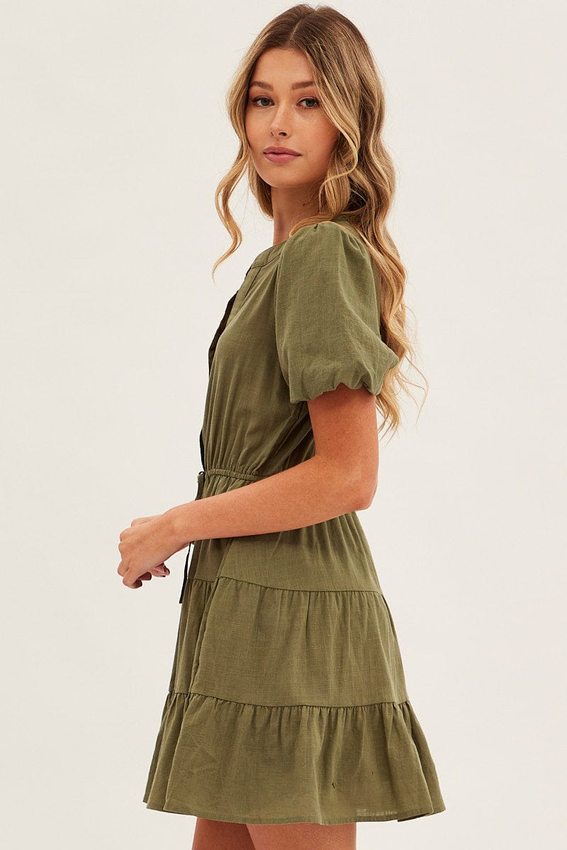 Green Shirt Dress Short Sleeve V-Neck Tiered for Ally Fashion