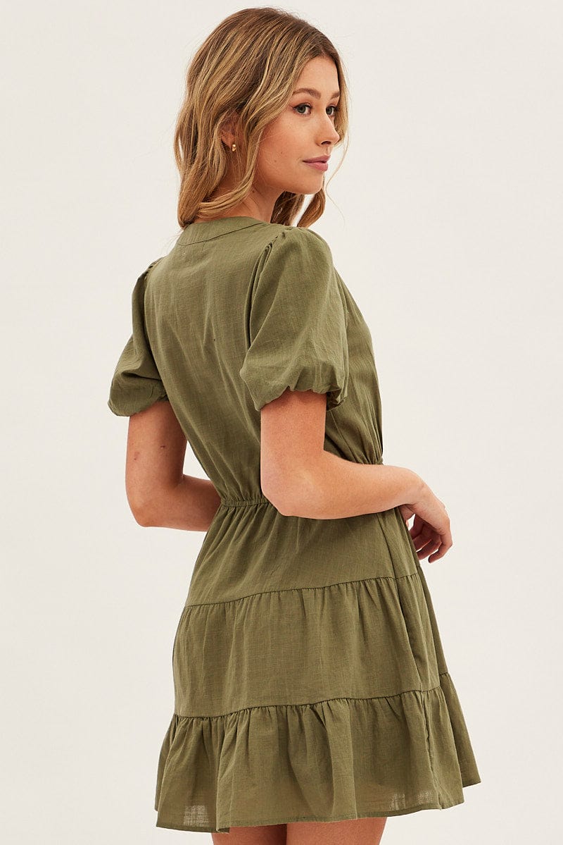 Green Shirt Dress Short Sleeve V-Neck Tiered for Ally Fashion