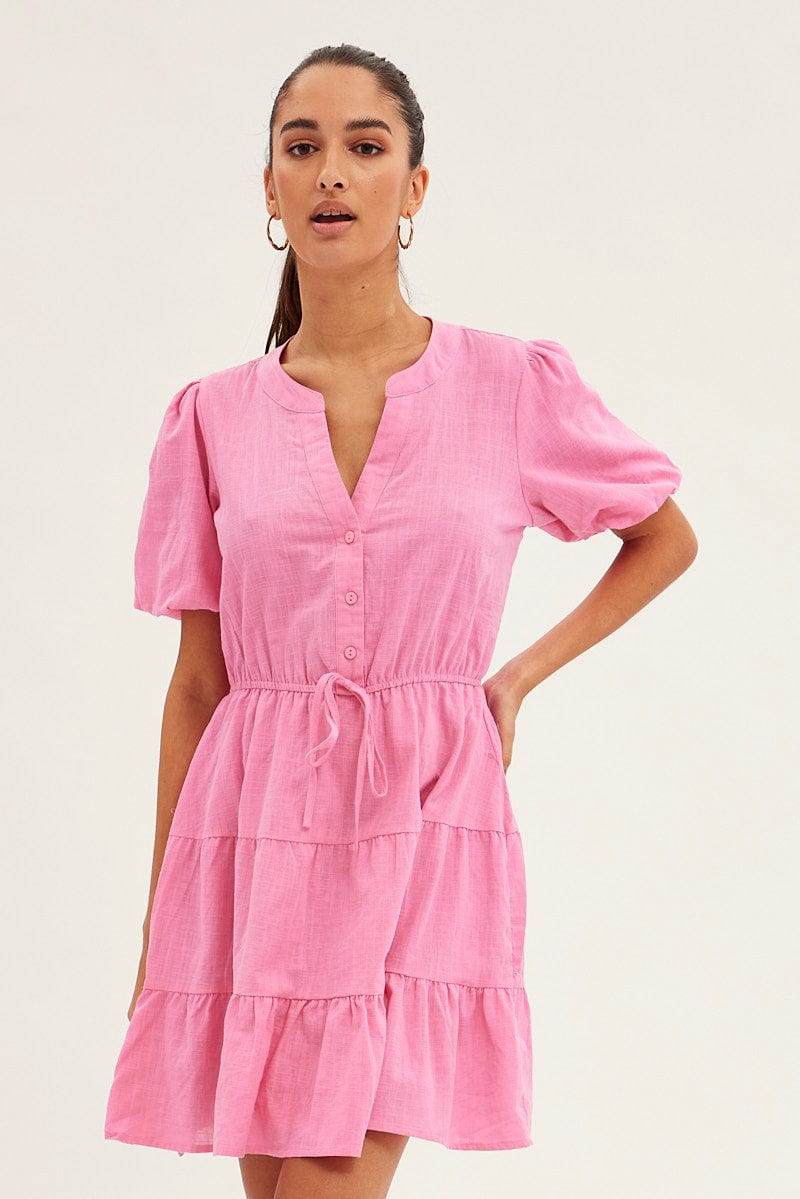 Pink Shirt Dress Short Sleeve V-Neck Tiered for Ally Fashion