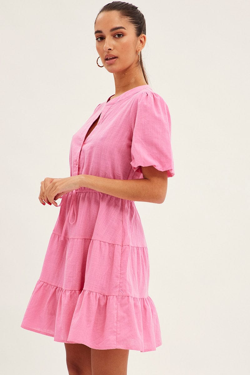 Pink Shirt Dress Short Sleeve V-Neck Tiered for Ally Fashion