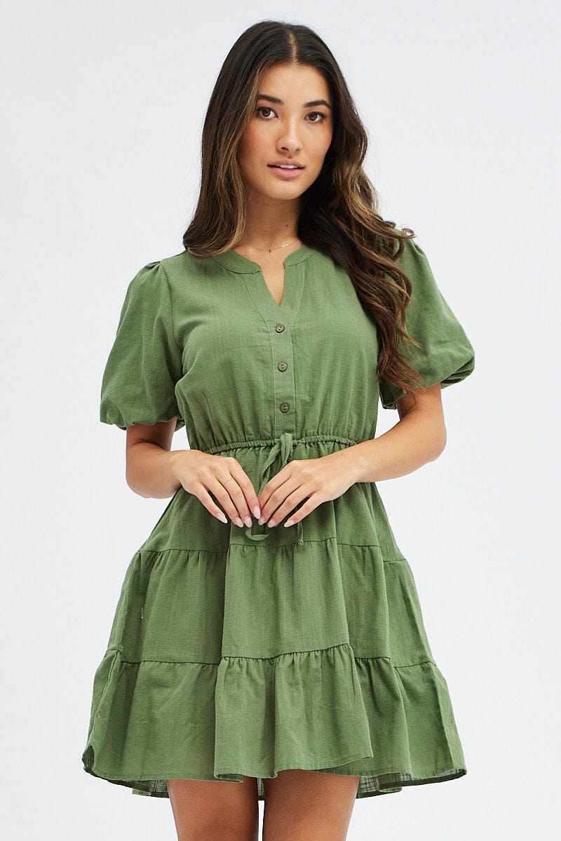 Green Shirt Dress Short Sleeve Tiered for Ally Fashion