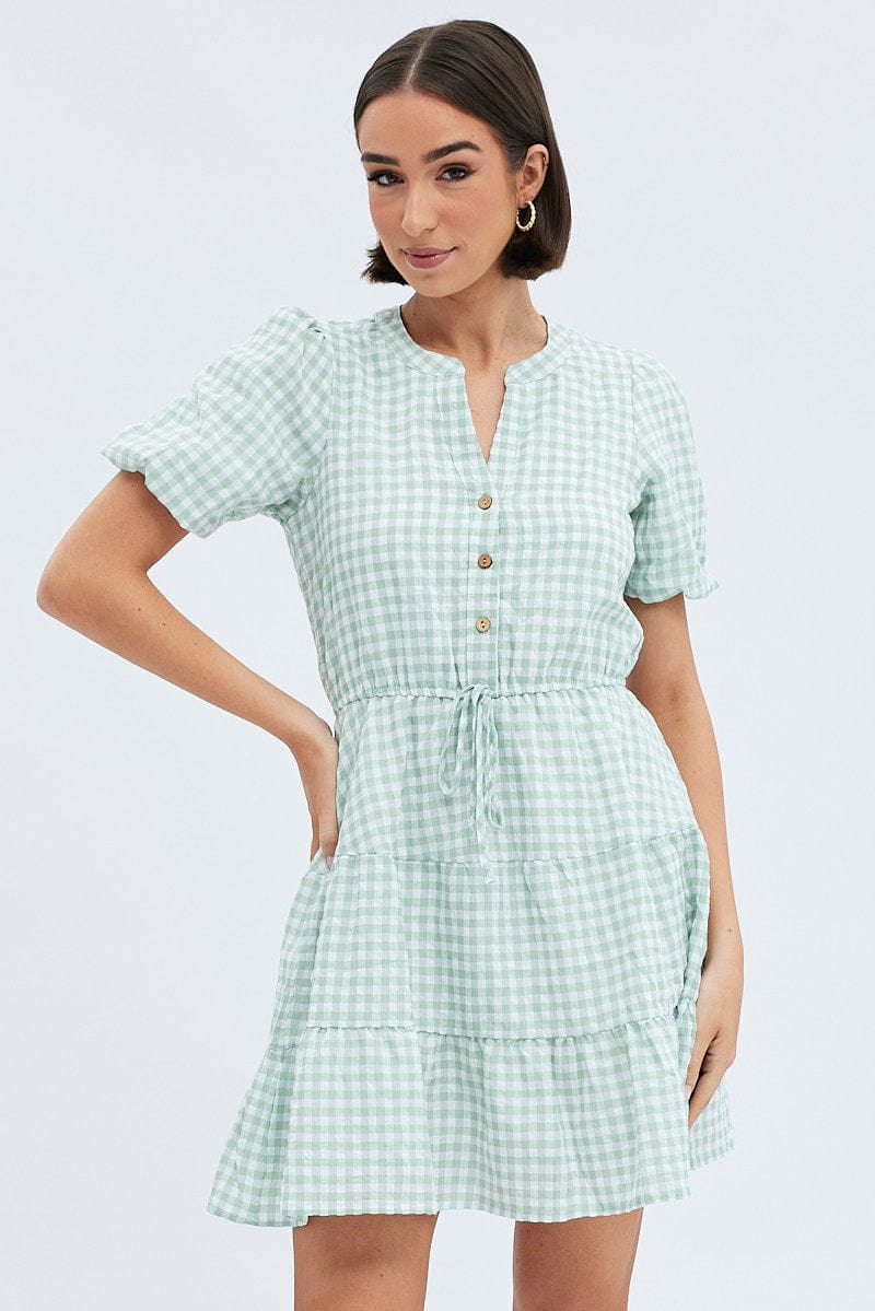 Green Check Shirt Dress Short Sleeve Tiered | Ally Fashion
