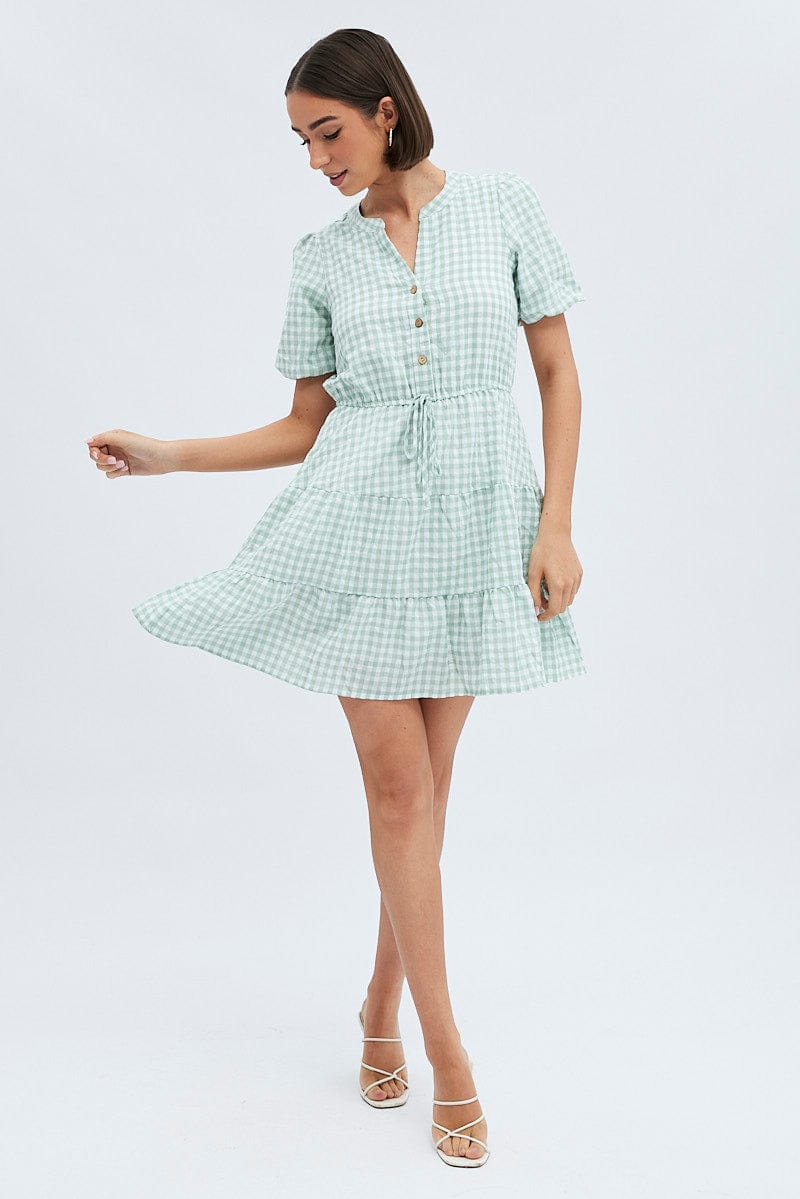 Green Check Shirt Dress Short Sleeve Tiered for Ally Fashion
