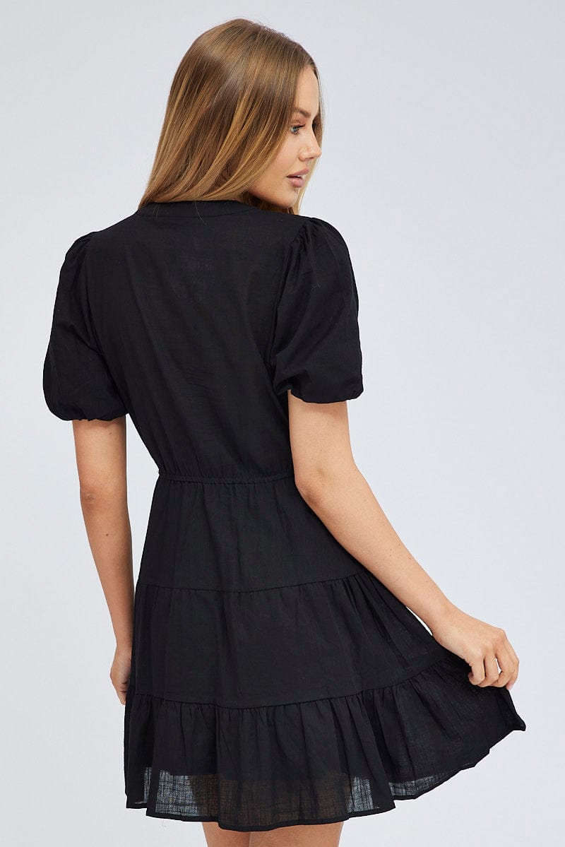 Black Shirt Dress Short Sleeve Tiered for Ally Fashion