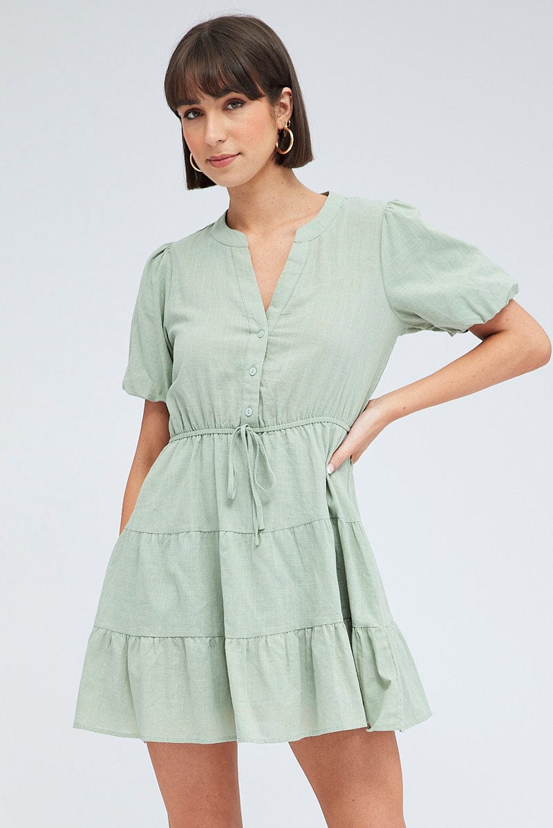 Green Shirt Dress Short Sleeve Tiered | Ally Fashion
