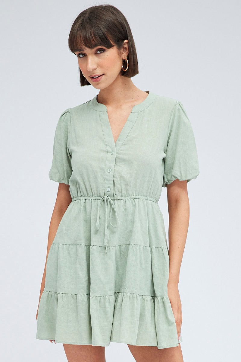 Green Shirt Dress Short Sleeve Tiered for Ally Fashion