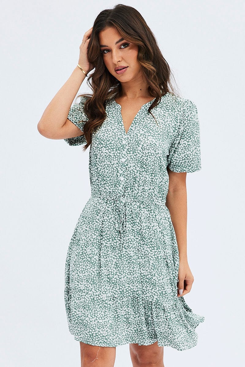 Green Ditsy Shirt Dress Short Sleeve Tiered for Ally Fashion