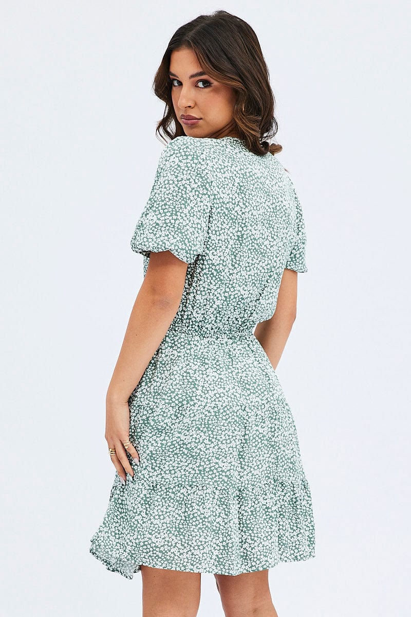 Green Ditsy Shirt Dress Short Sleeve Tiered for Ally Fashion
