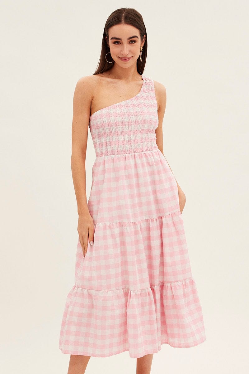 Pink Check Midi Dress One Shoulder Shirred Body for Ally Fashion