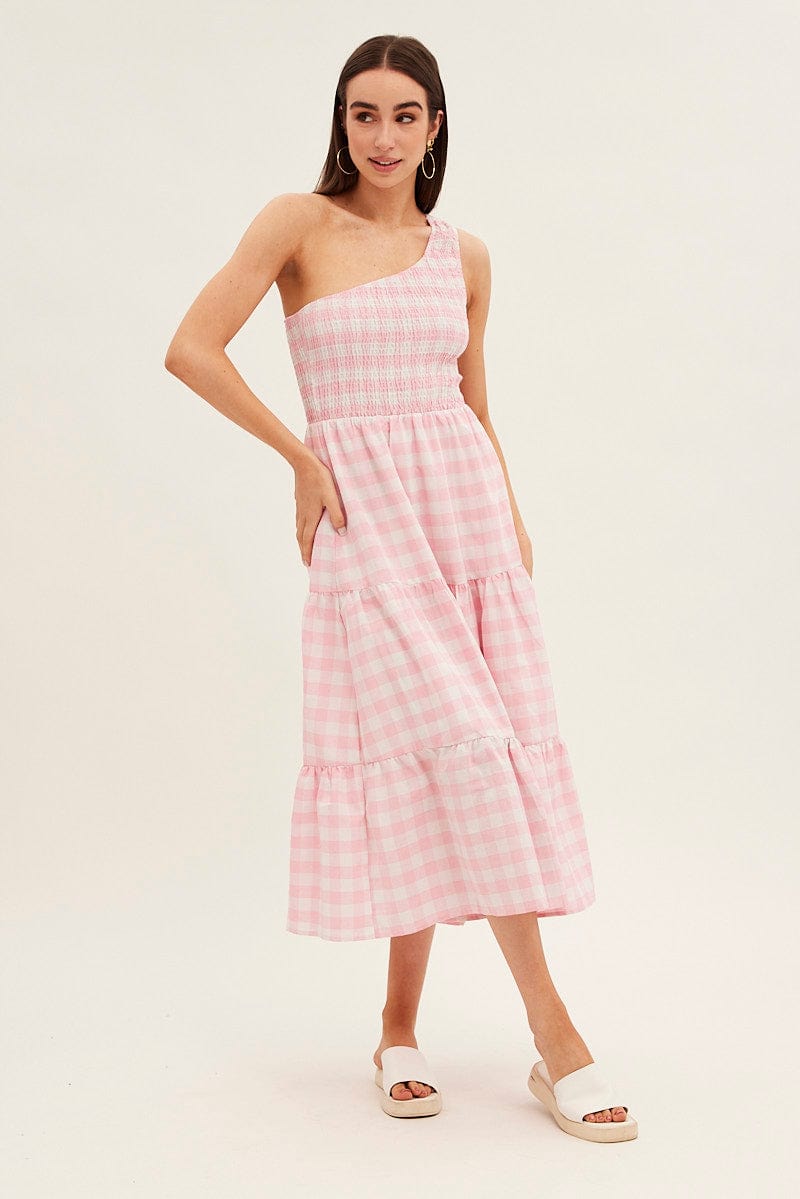 One shoulder gingham dress hot sale